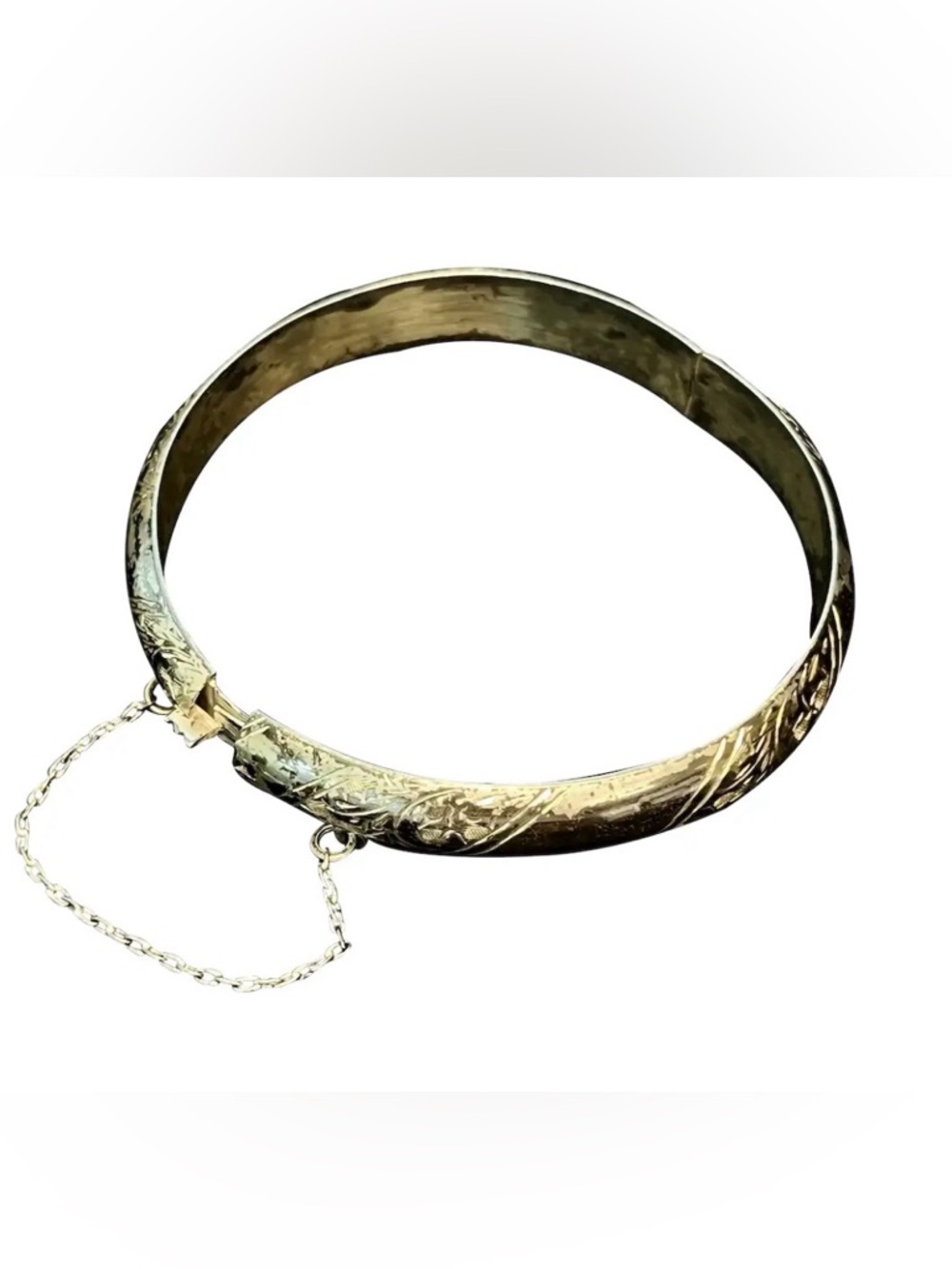 Vintage Engraved Gold-Tone 925 Hinged Bangle Bracelet with Safety Chain